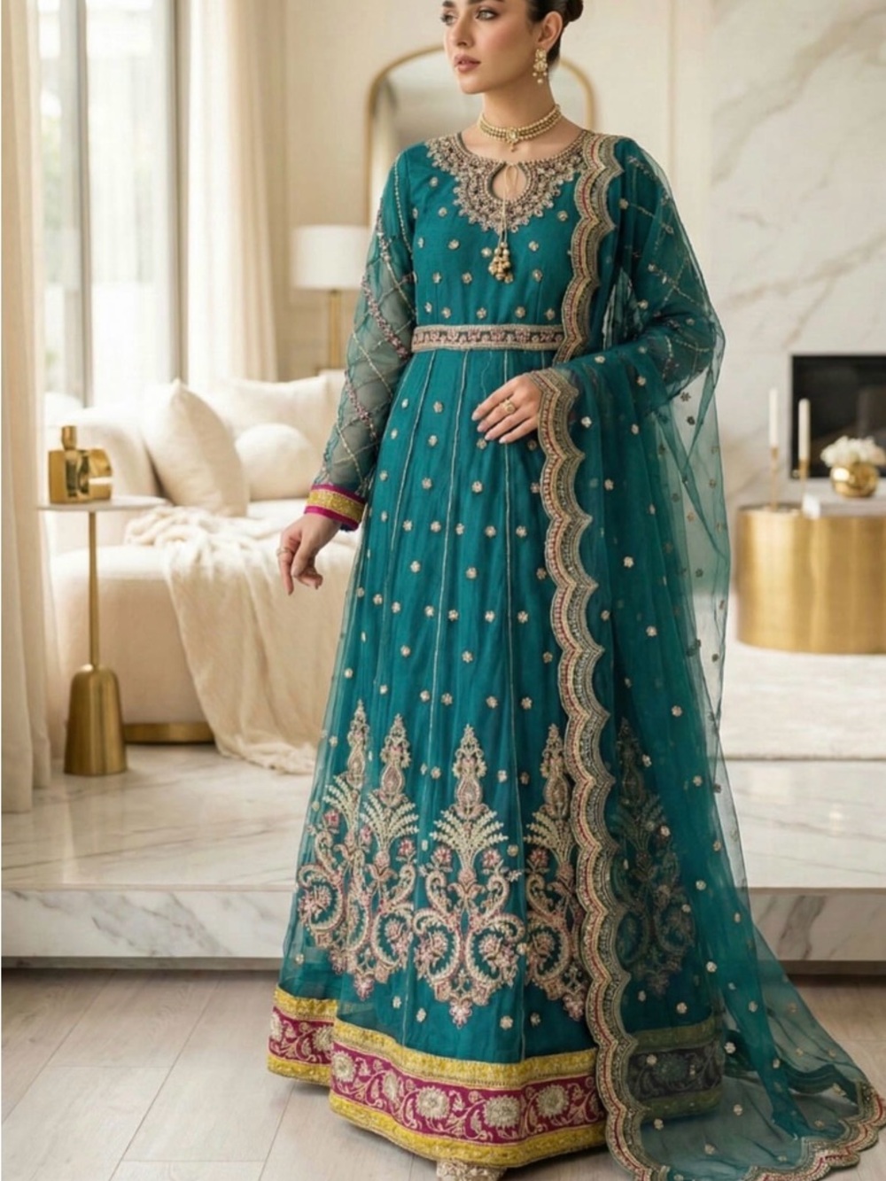 Teal Embroidered Anarkali Dress with Dupatta
